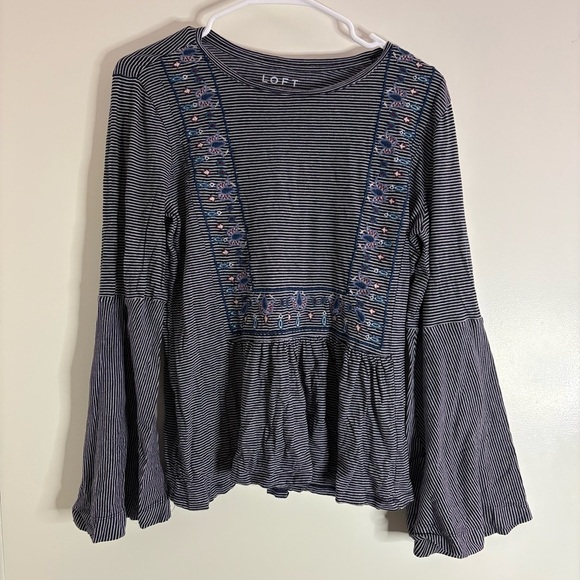 LOFT Tops - LOFT Women’s Size Medium Navy and White Striped Embroidered Blouse Long Sleeve